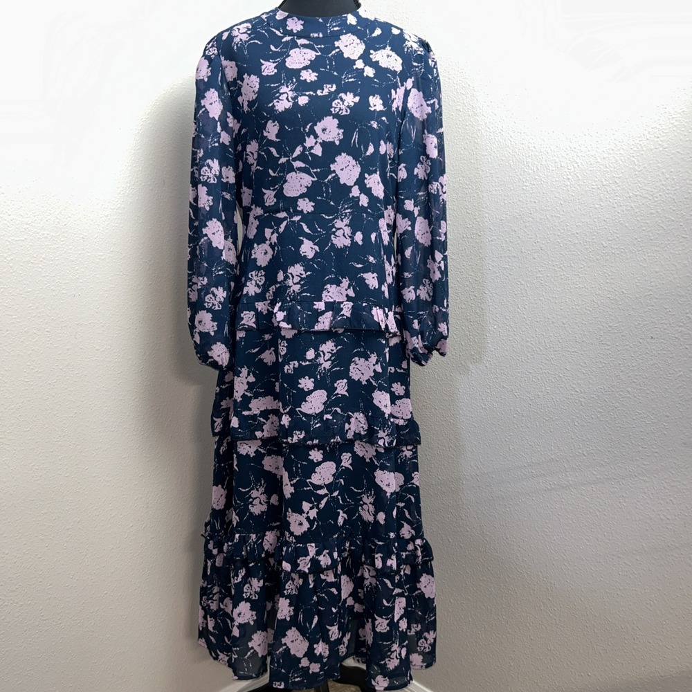 Floral Tiered Long Sleeve Maxi Dress in Navy and Lilac
